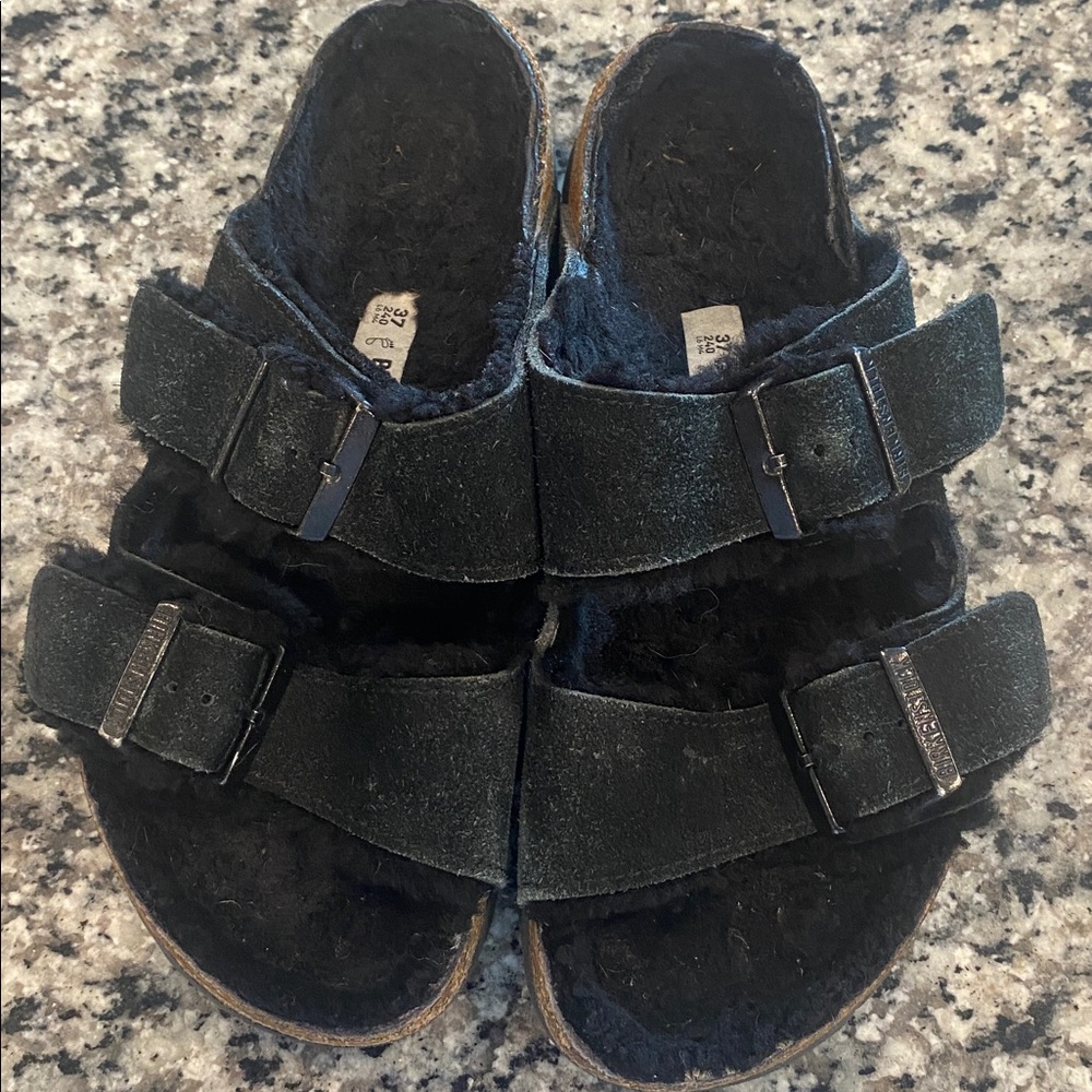 Birkenstock Black Furry Double Buckle Slide - Picture 10 of 11